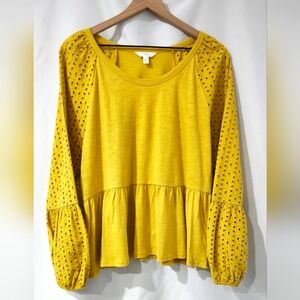 Time and‎ Tru Womens Eyelet Peplum Top Size L Mustard Yellow Ruffle Hem Autumn